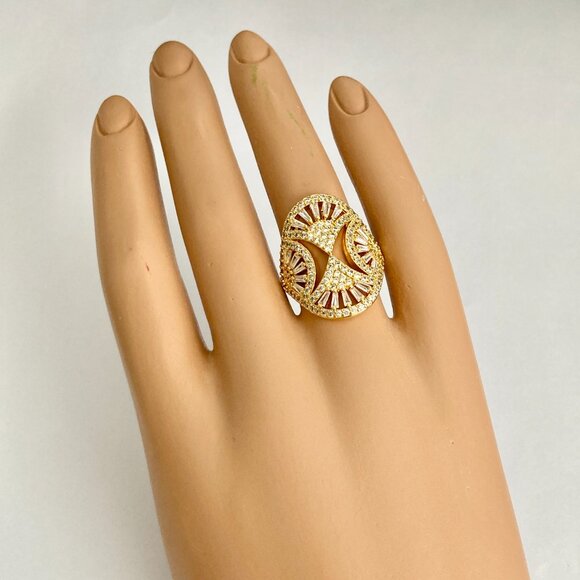 Art Deco Cubic Zirconia Cocktail Ring Yellow Gold Plated Size 7 8 9 Statement - Picture 3 of 15